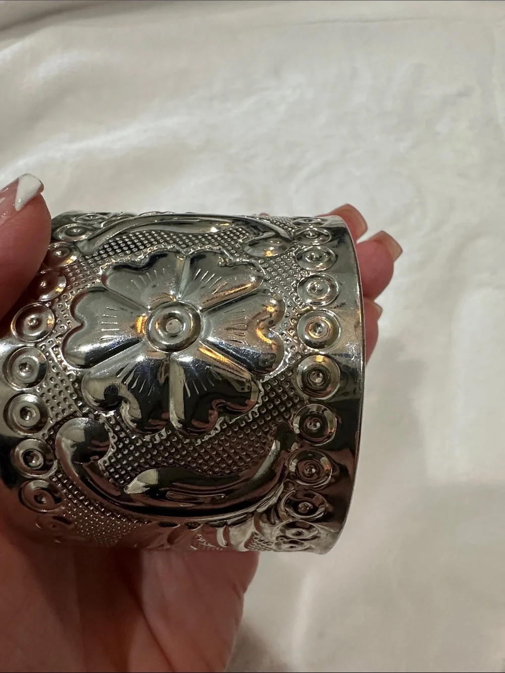 Silver Floral Embossed Cuff Bracelet